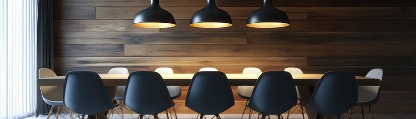 A modern dining room with a large table and chairs