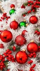 Obraz premium Red and green glass ornaments scattered on a white Christmas tree, berries, red