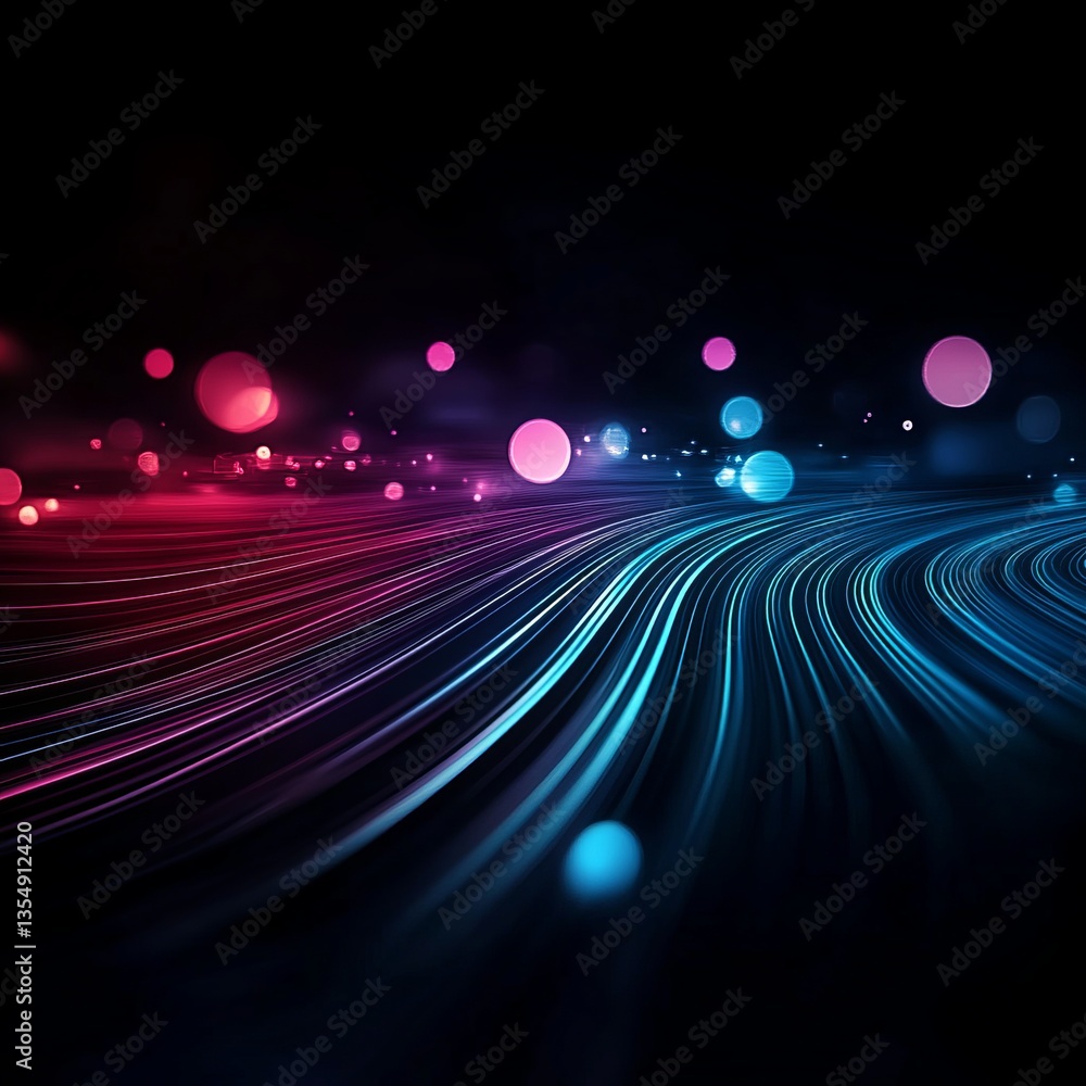Poster vibrant abstract lines and illuminated orbs create a dynamic atmosphere in a dark setting