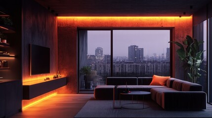 Fototapeta premium Luxurious modern living room features cityscape outside of large windows
