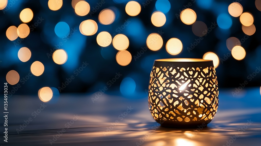 Poster glowing ornate candle holder casting intricate shadow patterns against dark background with soft gol