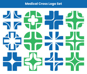Obraz premium Collection of Blue and Green Geometric Crosses. Various Isolated Flat Cross Symbols