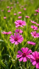 Fototapeta premium Pink dianthus flowers in a field with lush green grass and sunshine, field, spring, dianthus