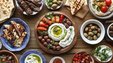 An overhead view of various Middle Eastern food dishes