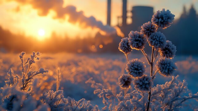 Frost covered wildflowers silhouetted against golden winter sunrise, creating magical morning atmosphere with bokeh light effects and frozen crystals in nature. - Powered by Adobe