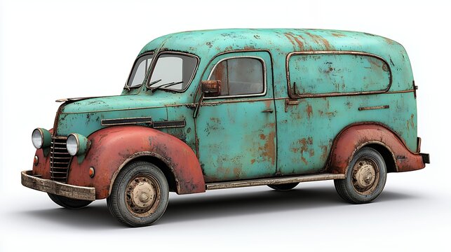 Rusty Teal and Red Vintage Delivery Van on White Background