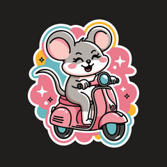 Smiling mouse on a pink scooter with pink and blue background accents