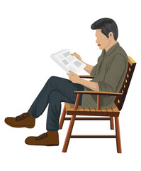 A man sits on a wooden chair reading a newspaper.vector design