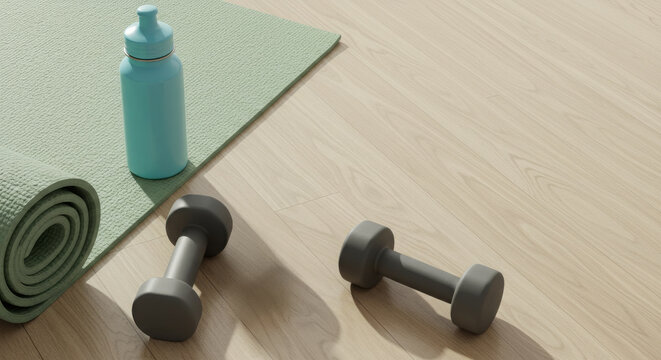 Detoxification program and sports detox. Fitness kit on the floor: yoga mat, water bottle and dumbbells. Ideal for illustrating a healthy lifestyle.