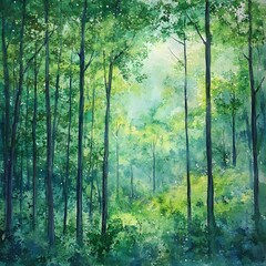 Obraz premium A serene forest of verdant green trees and lush foliage