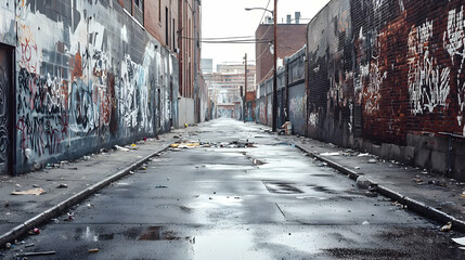 Fototapeta premium Urban alleyway, graffiti-covered walls, littered street, rain-soaked pavement