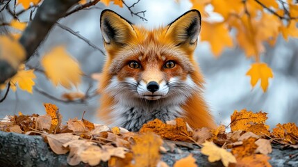 An orange fox looks at the camera in an autumn forest