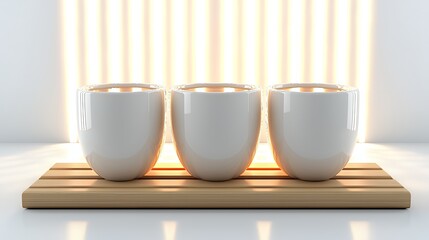 Three White Ceramic Cups on Wooden Tray, Minimalist Still Life