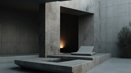 Modern concrete outdoor lounge area with a recessed seating area and a small pool