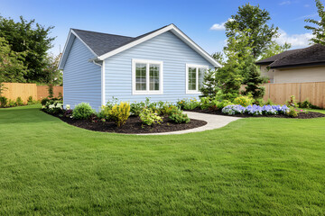 powder blue vinyl siding with smooth finish and white corner trim on cottage-style house with manicured front yard
