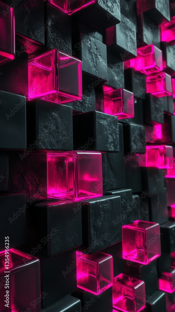 Poster a close-up of textured black cubes interspersed with glowing pink and transparent glass blocks. the 