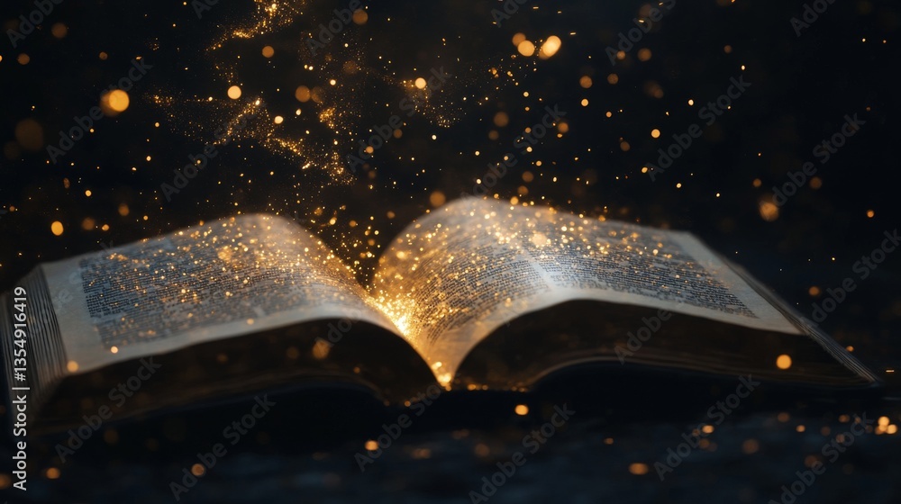 Poster a mesmerizing open book surrounded by floating golden particles, glowing against a dark backdrop, cr