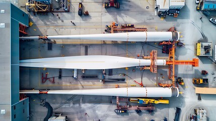 A wind turbine manufacturing plant with large turbine blades being assembled, transported, and installed.