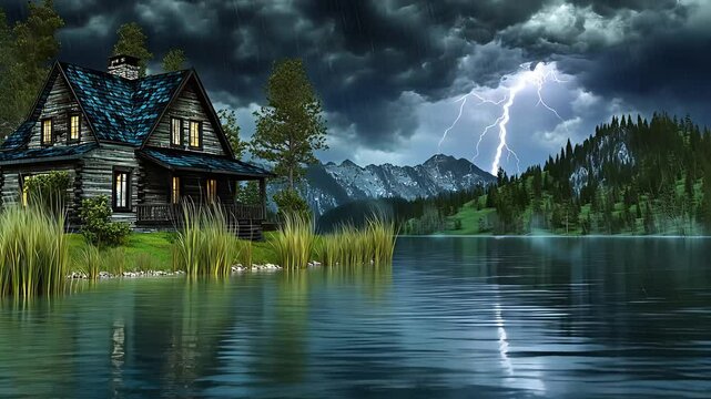 Stormy Lake with Cabin and Lightning in the Mountains

