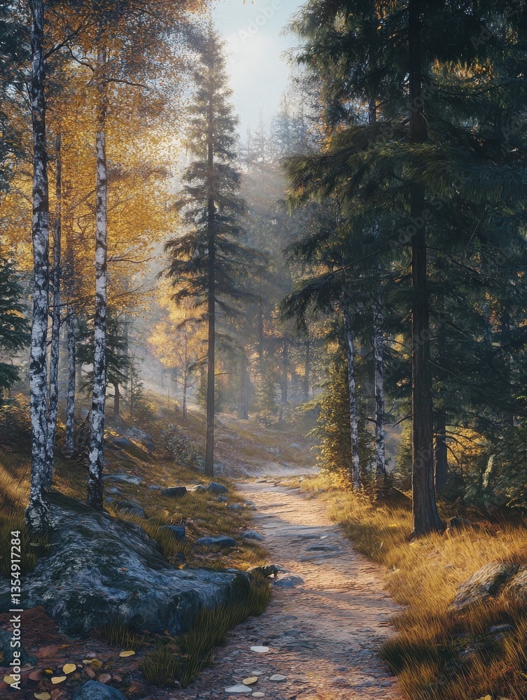 Poster sunlight streaming through tall trees along a tranquil forest path during autumn.