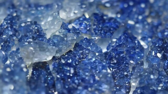 Close-up view of sparkling blue Sodalite crystals with various shades and textures, reflecting light beautifully mineral pattern texture macro background.
