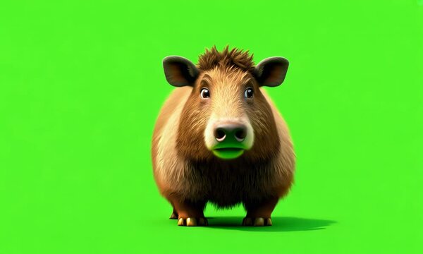 cute animation of wild boar, isolated on a green screen background