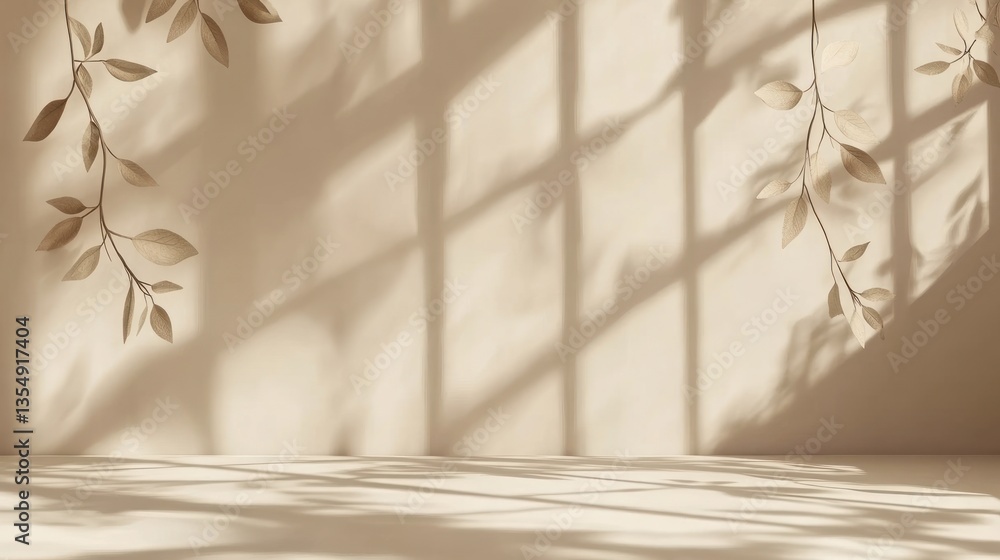 Poster decorative wall with leaf branches and window shadows creating patterns