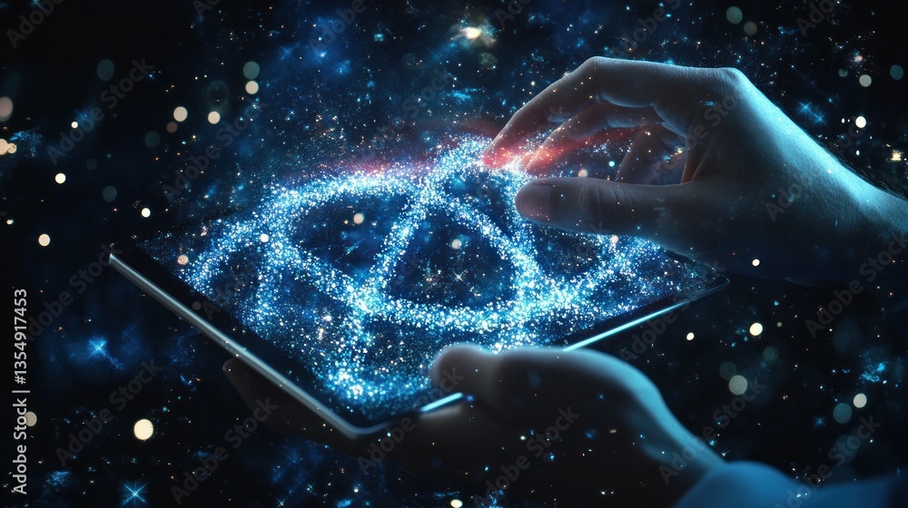 Poster hands are touching a sparkling digital display of the cosmos