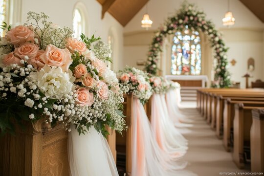 Peach and White Wedding Aisle Decor in Church