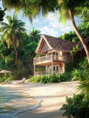 Traditional tropical beach house with wooden shingles, located directly on a quiet sandy cove, and lush greenery nearby, Photorealistic