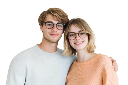 A young man and woman wearing casual and glasses are standing together isolated on a Transparent background PNG