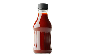 A bottle of red sauce with a black cap on a white background in a studio setting photograph style