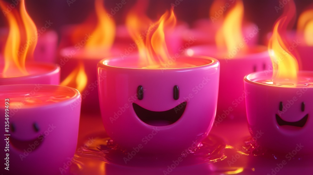 Poster playful pink cups with smiling faces, topped with whimsical flames, create a vibrant and surreal moo