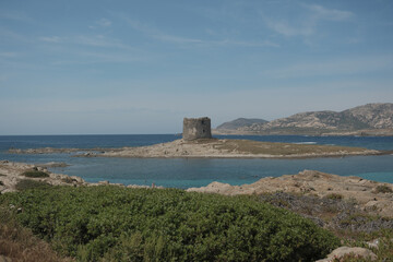 Majestic Torre della Pelosa stands sentinel over Sardinia's vibrant turquoise sea.