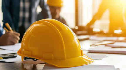 bright yellow hard hat rests on desk surrounded by construction plans, symbolizing teamwork and safety in contractor meeting