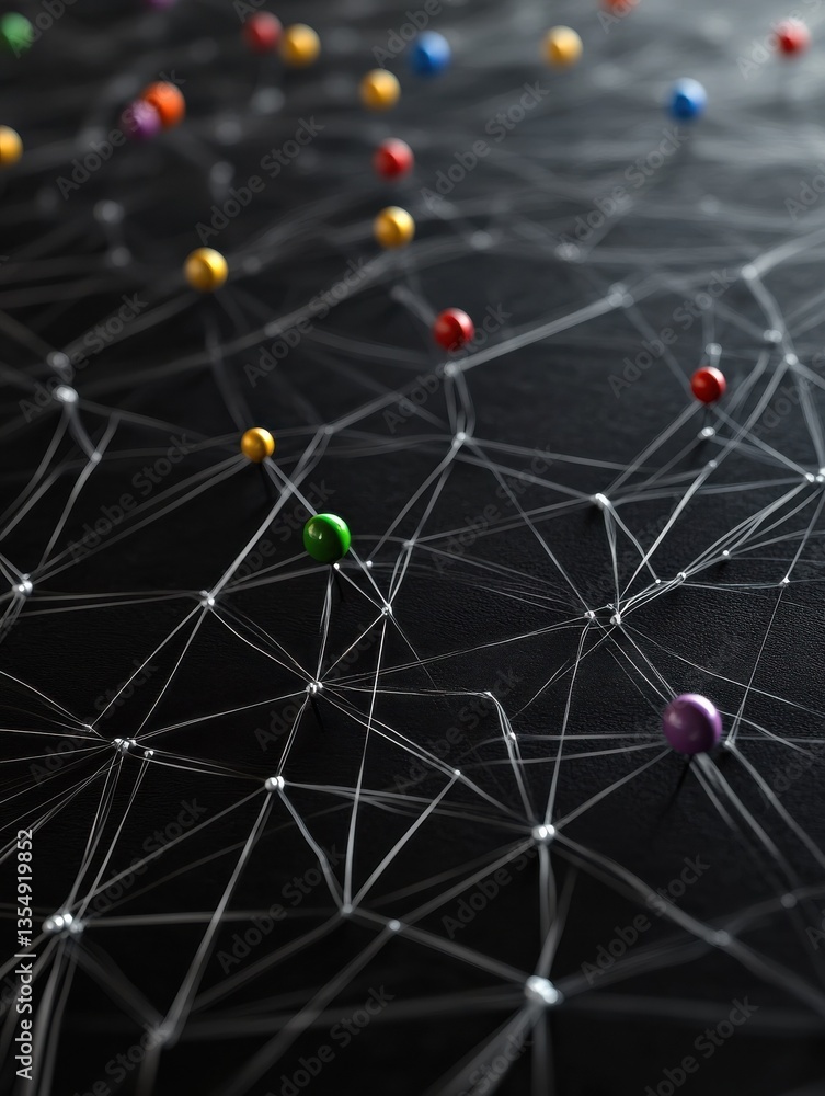 Poster abstract network of interconnected pins on a black surface.