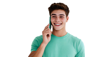 A young man talking on the phone smiling against an isolated Transparent background PNG