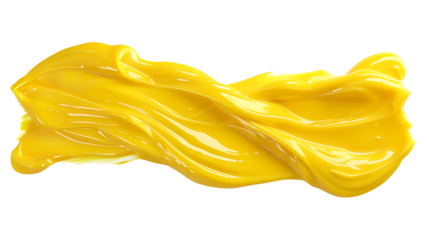 Thick yellow acrylic paint stroke with bold texture, isolated on a white background