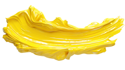 Thick yellow acrylic paint stroke with bold texture, isolated on a white background