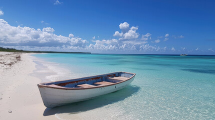Naklejka premium serene beach scene featuring lone boat resting on soft sand, surrounded by clear turquoise waters and bright blue sky