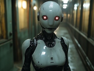 Female robot hallway AI dystopian future film