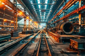 Fototapeta premium Heavy machinery operating in a steel manufacturing plant, including large furnaces, conveyor belts, and steel beams.