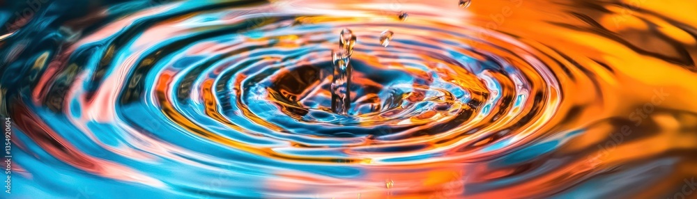 Poster a water droplet falling creating concentric colorful ripples on surface