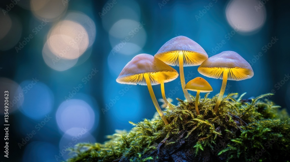 Poster illuminated mushrooms growing on moss with a soft bokeh background