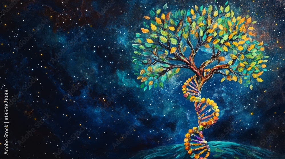 Poster a unique depiction of a tree designed with dna strands entwined, set against a dark, cosmic sky fill