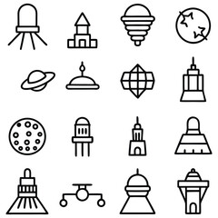 Set of Real Estate Icons including Buildings, Hotels, and Religious Symbols in Black Silhouette Style
