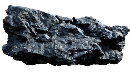 Dark volcanic rock with porous texture and jagged edges, isolated on a white background