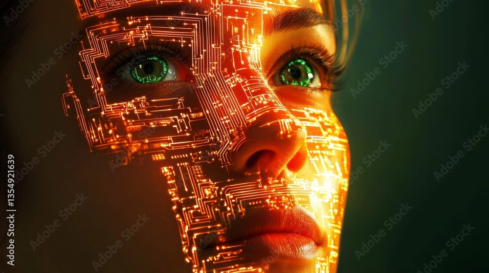 Poster A vibrant image of a human face with illuminated orange circuits, symbolizing the fusion of humanity and technology in a futuristic concept.. AI Generation