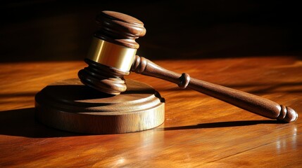 A wooden gavel and its base sit on a polished wooden table