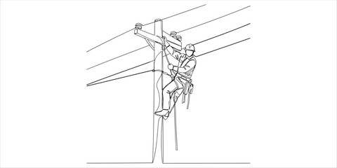 lineman climbs and holds electric a single continuous line drawing illustrates a lineman climbing up an electric pole while gripping it with one hand. The scene highlights the important role of line.